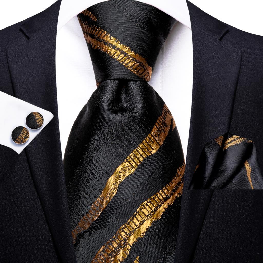 Hi-Tie Black Gold Striped Silk - Silk Tie Striped 评论和价格